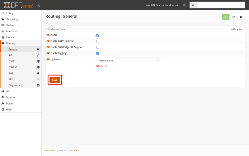 OPNsense FRRouting page