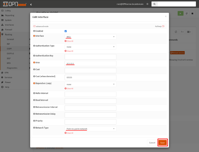 OPNsense OSPF routing interfaces edit dialog