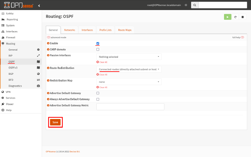 OPNsense OSPF routing general tab