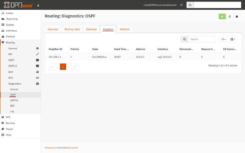 OPNsense routing diagnostics OSPF neighbors tab