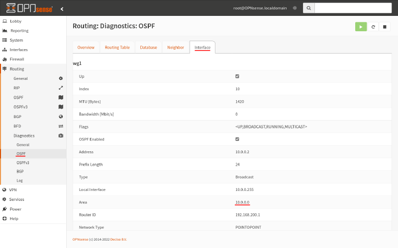 OPNsense routing diagnostics OSPF interface tab