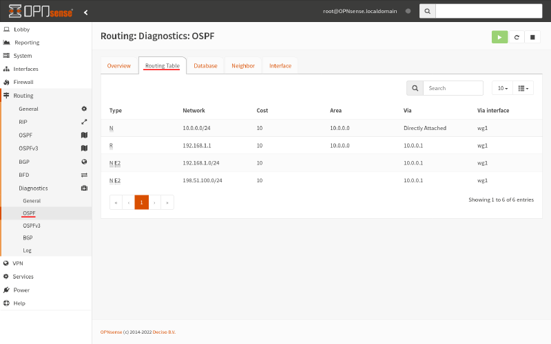 OPNsense routing diagnostics OSPF routing table tab