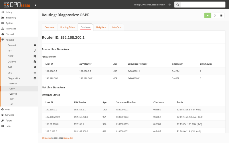 OPNsense routing diagnostics OSPF database tab