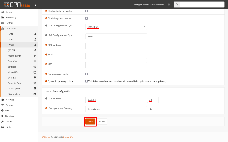 OPNsense interface edit page