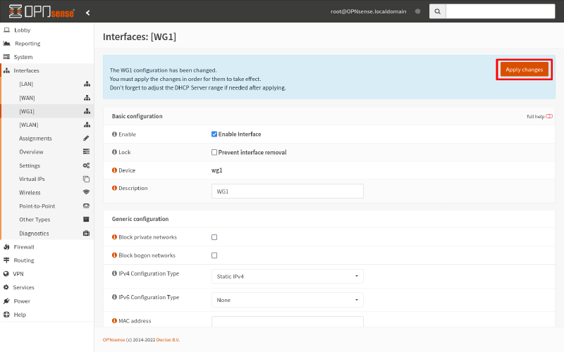 OPNsense interface edit page