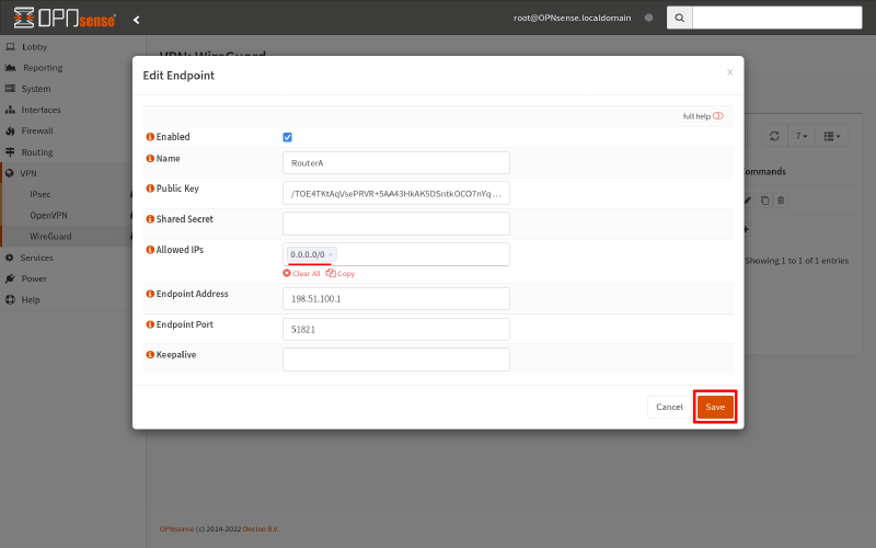 OPNsense WireGuard new endpoint dialog