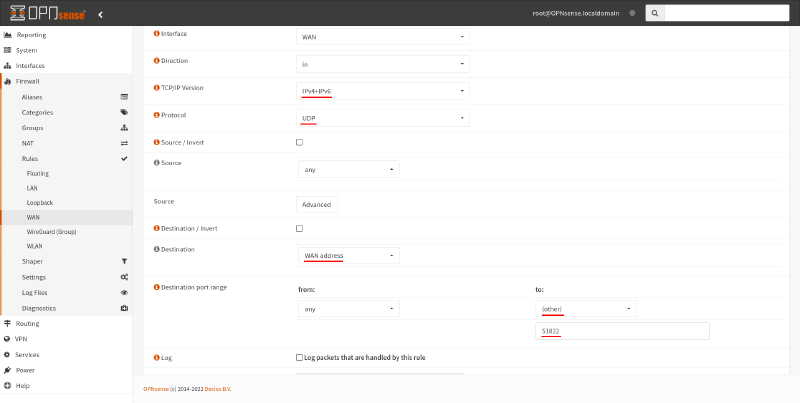 OPNsense WAN firewall rules edit page