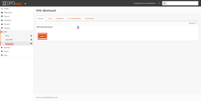 OPNsense WireGuard general tab