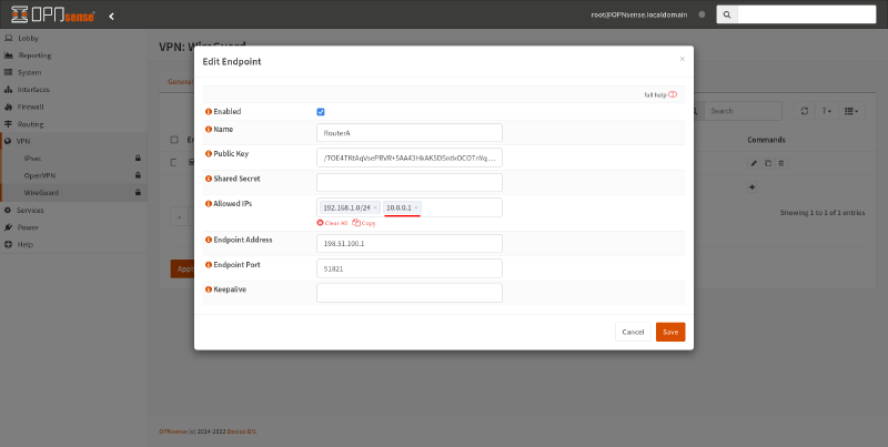 OPNsense WireGuard new endpoint dialog