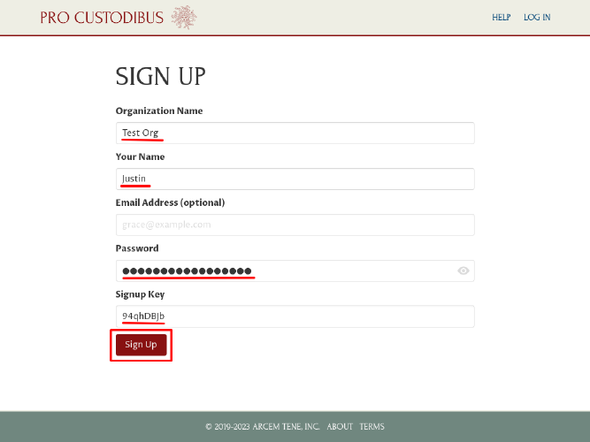 Pro Custodibus Signup Page With Form Filled In