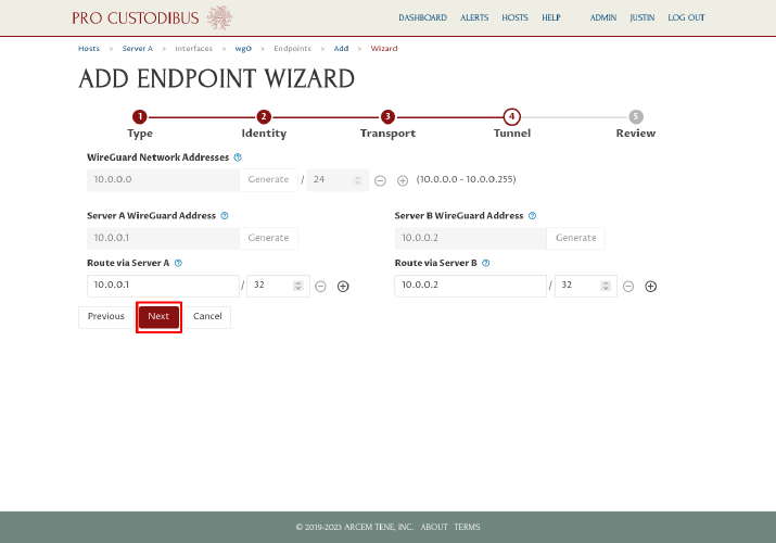 Connection Wizard Tunnel Step