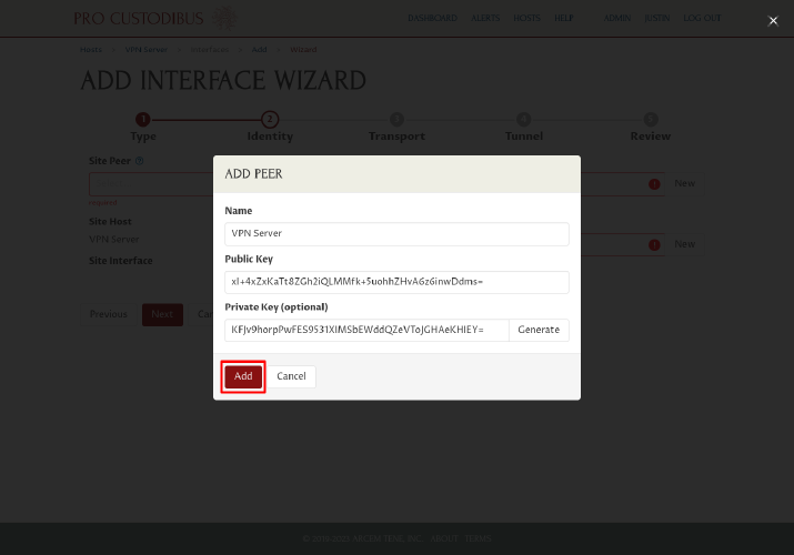 Add Peer Dialog with generated key pair