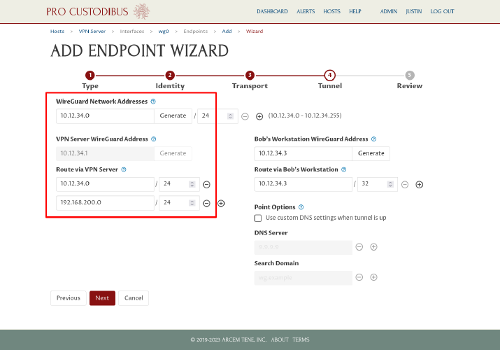 Connection Wizard Tunnel Step