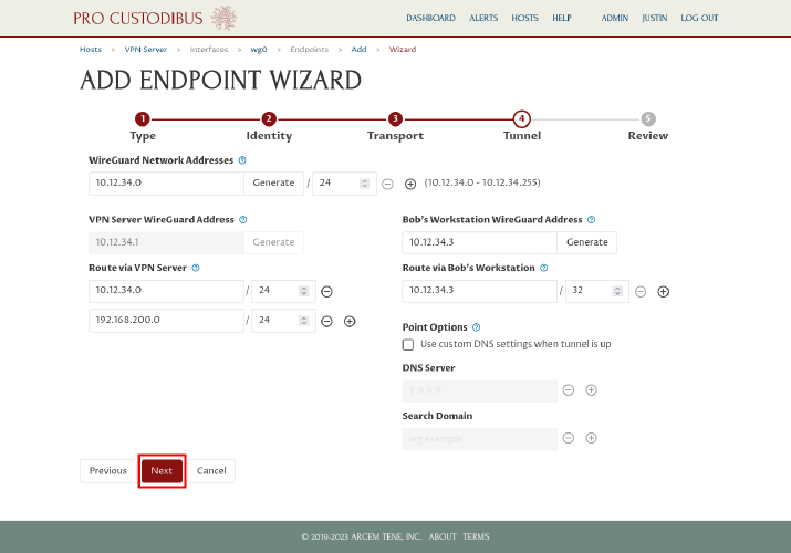 Connection Wizard Tunnel Step