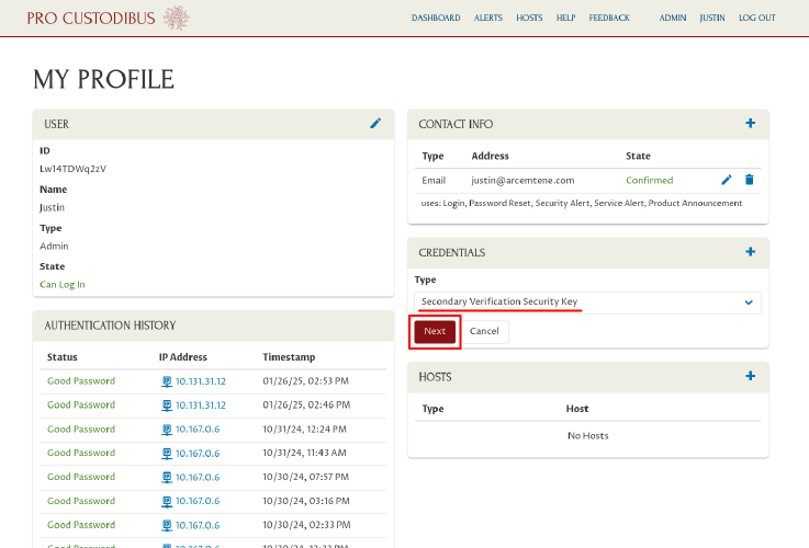 Credentials Panel, Type dropdown