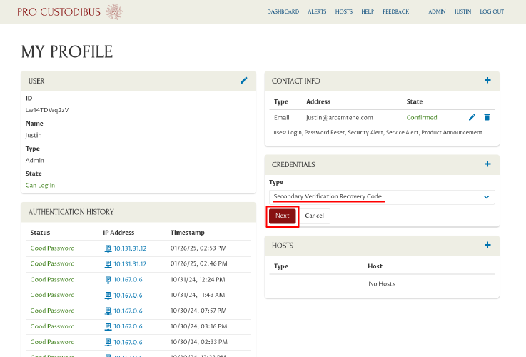 Credentials Panel, Type dropdown