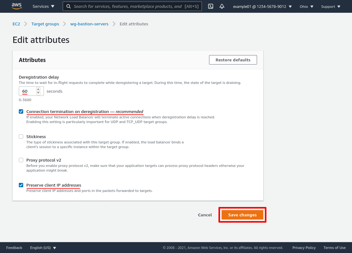 Edit ELB Target Group Attributes Page