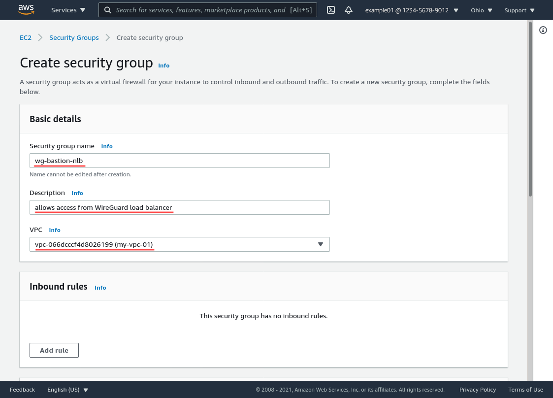 Create Security Group Page