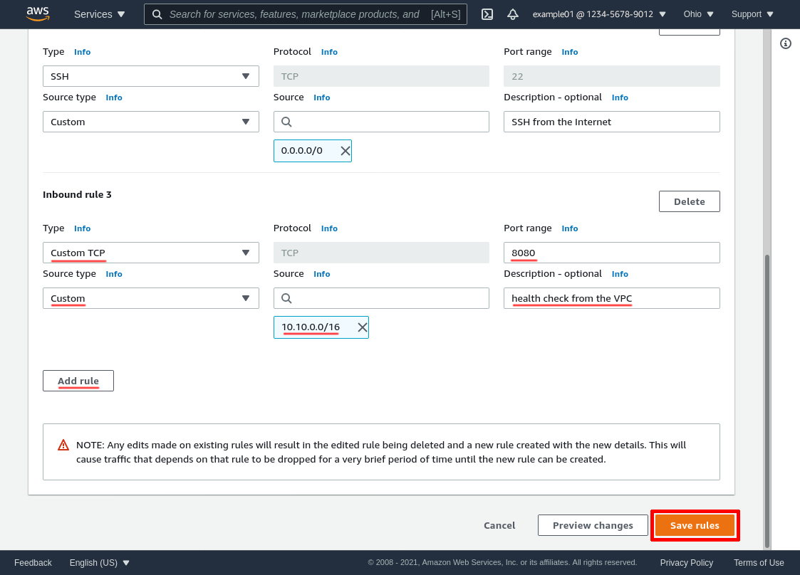 Edit Inbound Rules Page