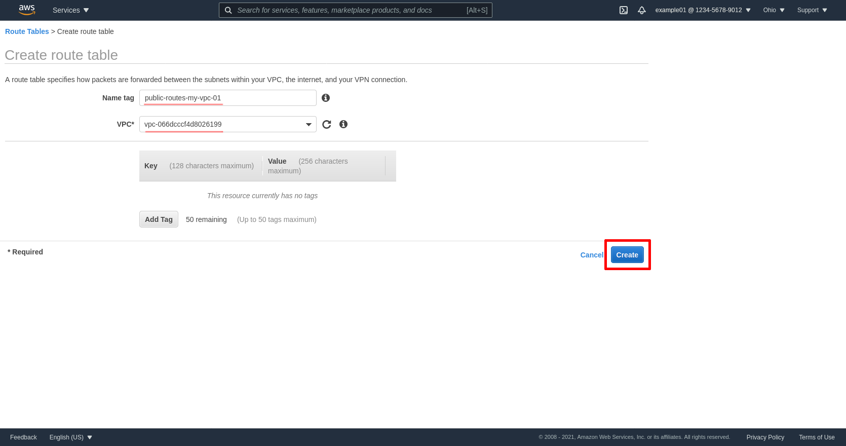 Create Route Table Page