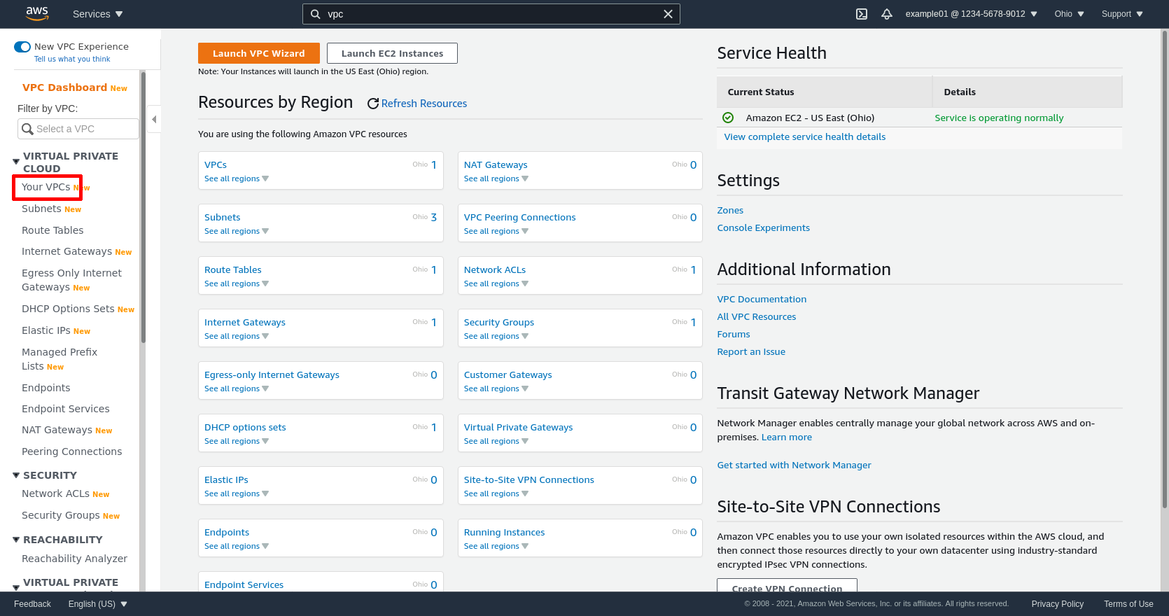 VPC Service Dashboard