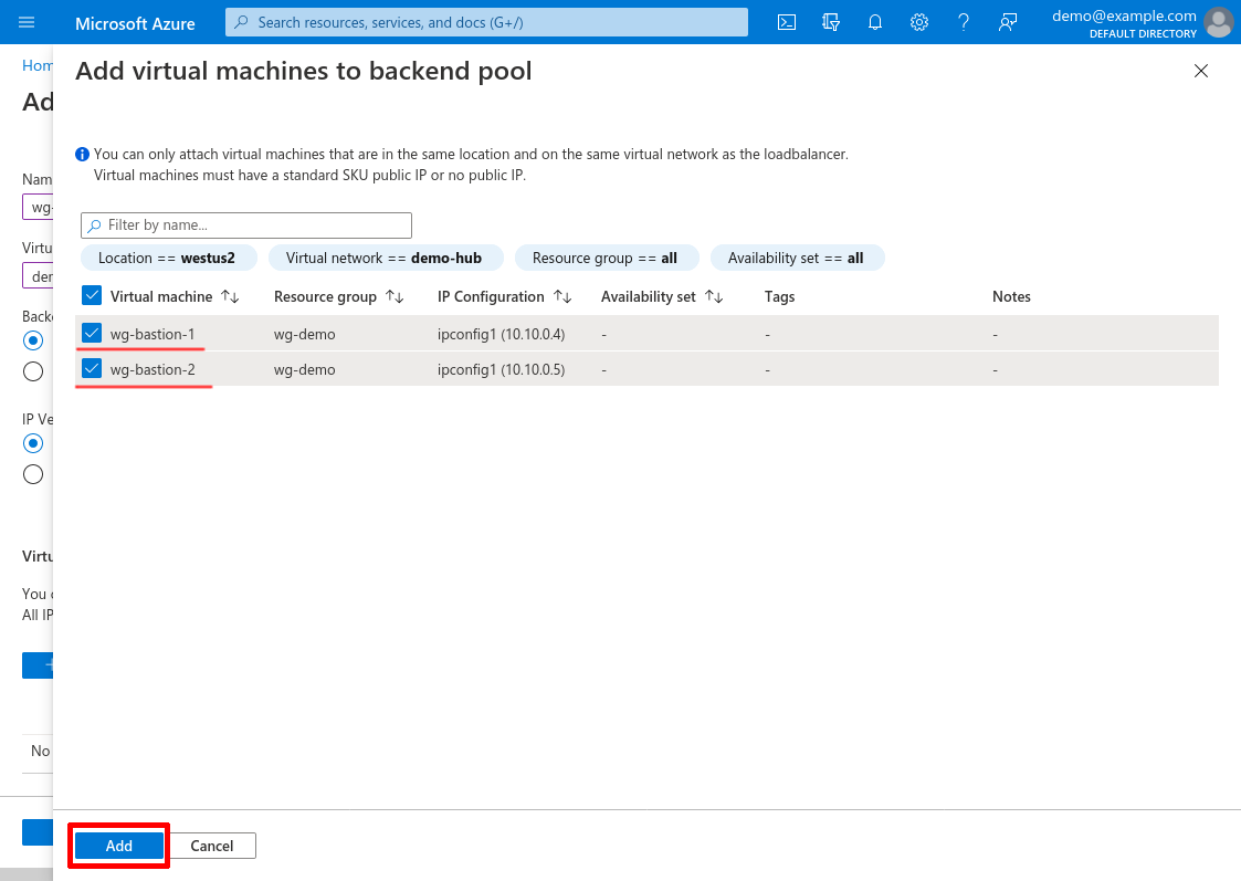 Add virtual machines to backend pool