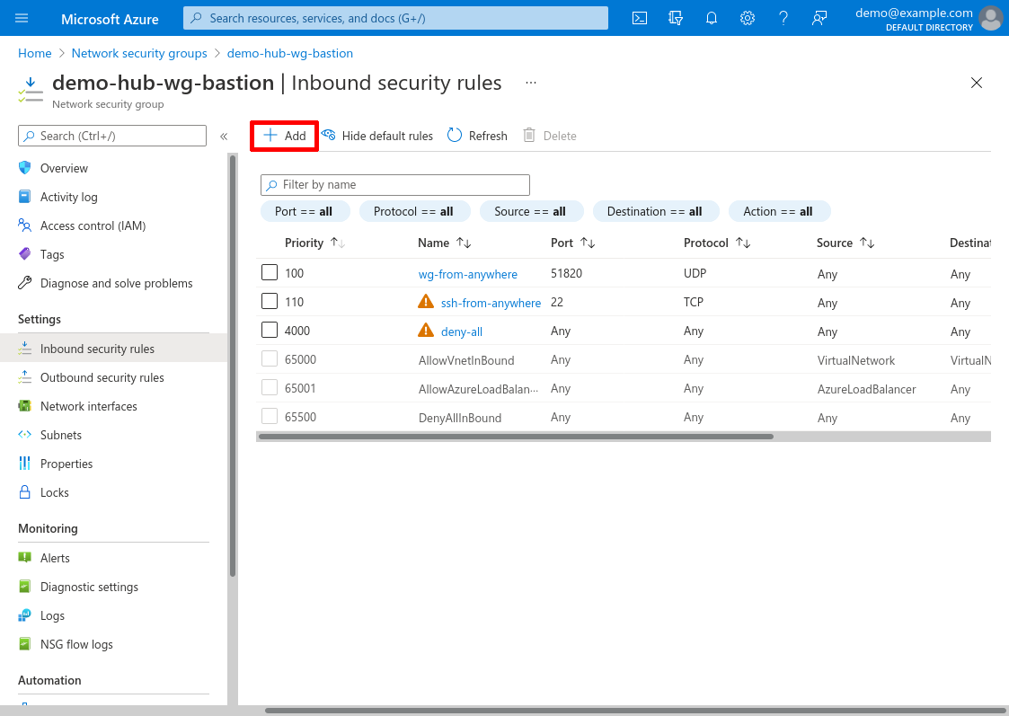 Network security group: Inbound security rules