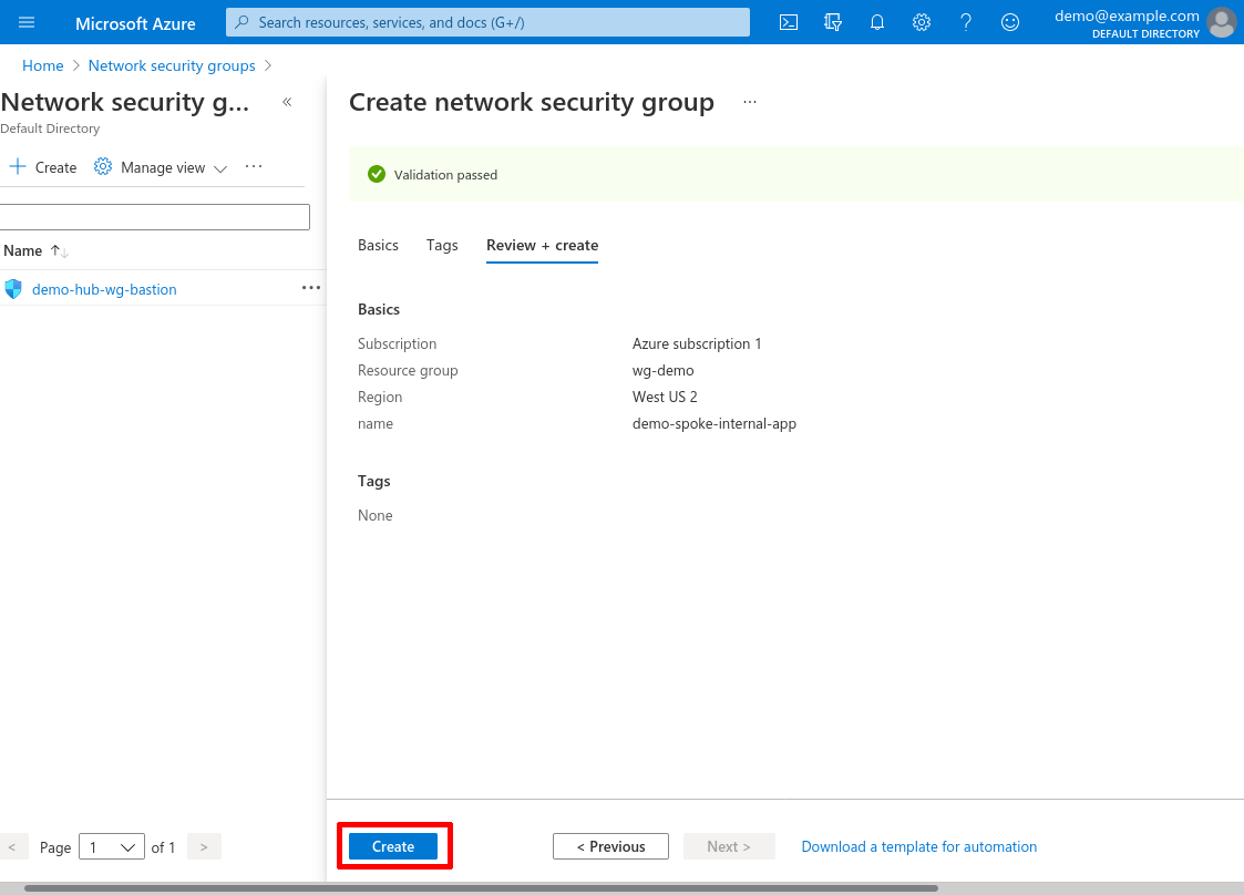 Create a network security group: Review