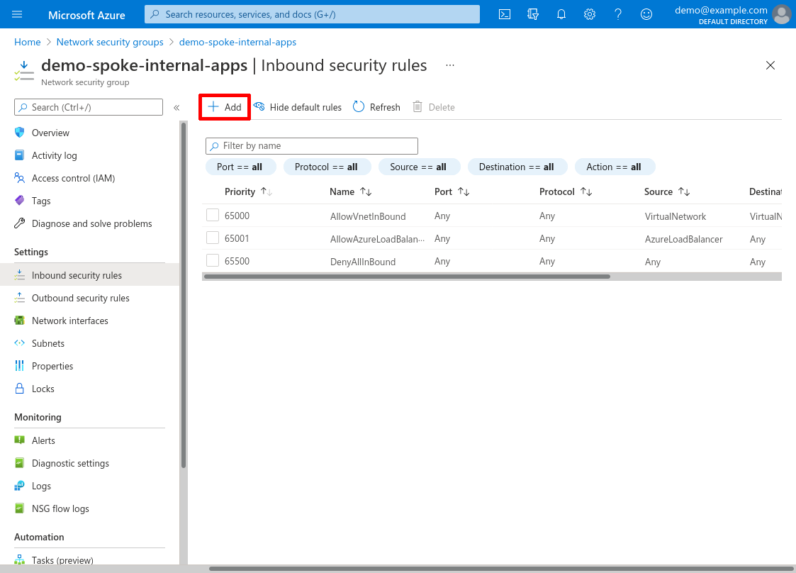 Network security group: Inbound security rules