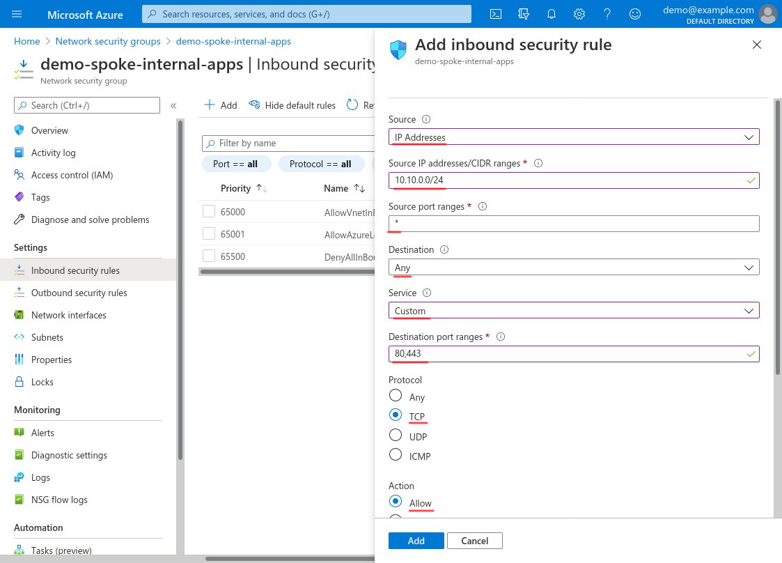 Add inbound security rule