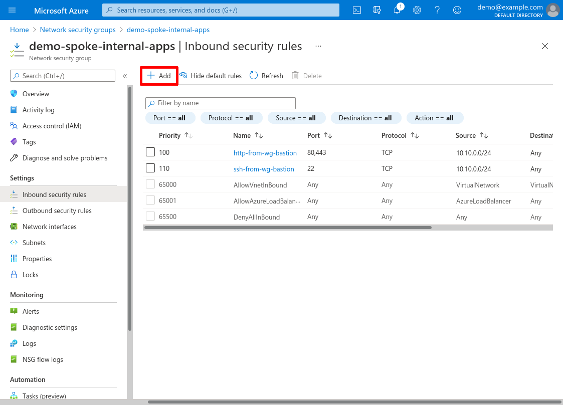 Network security group: Inbound security rules