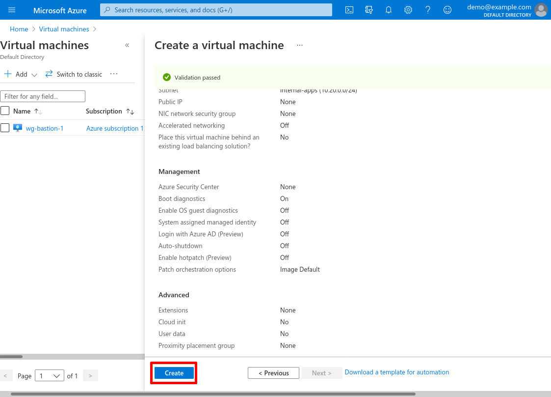 Create a virtual machine: Review + create