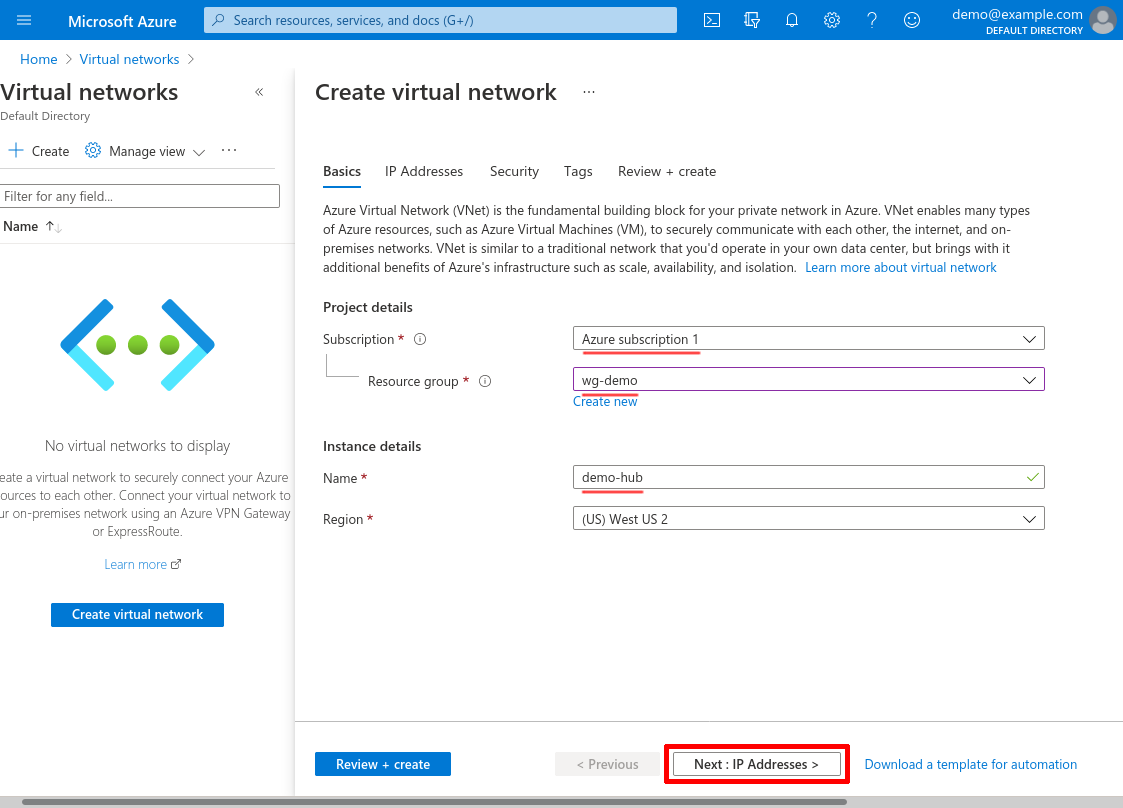 Create virtual network: Basics