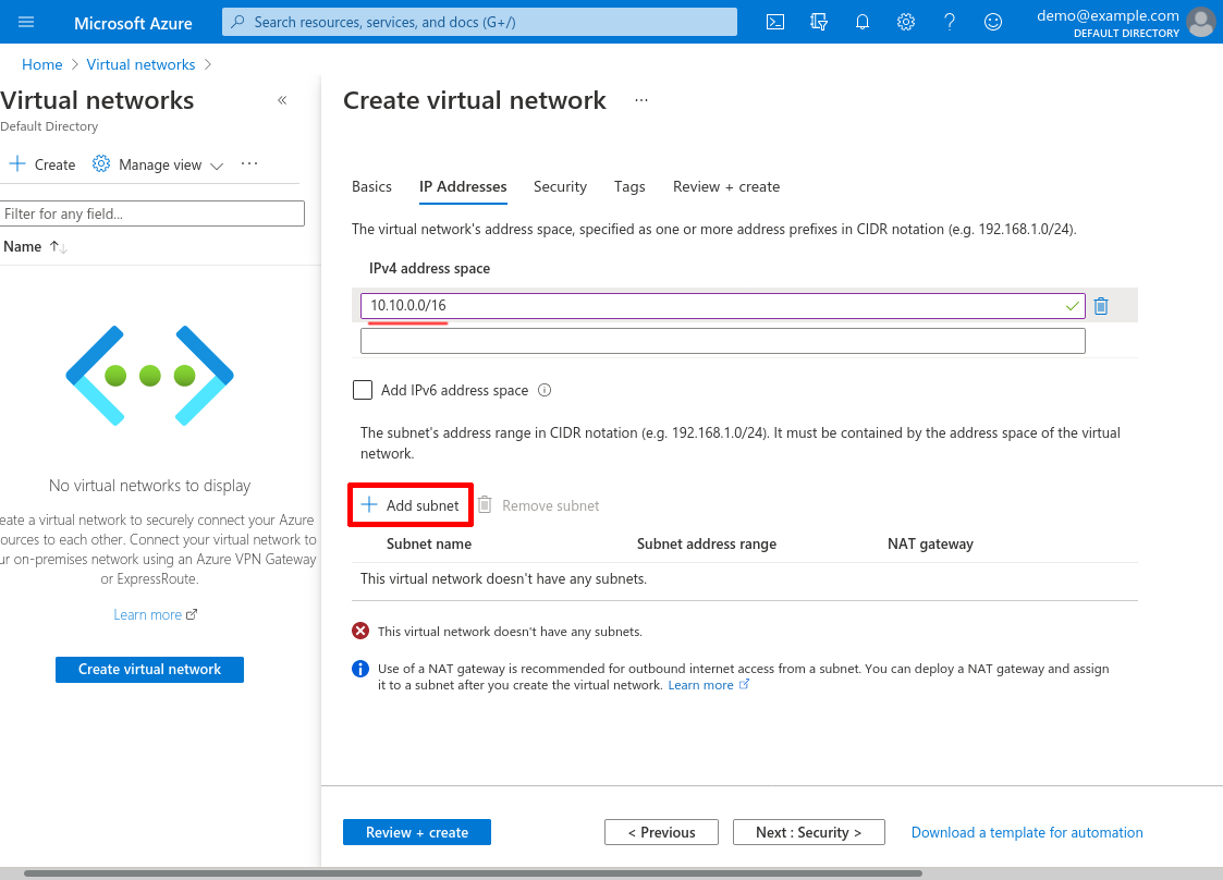 Create virtual network: IP Addresses