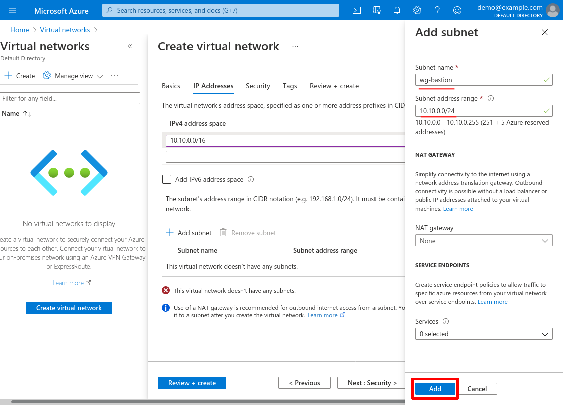 Create virtual network: Add Subnet