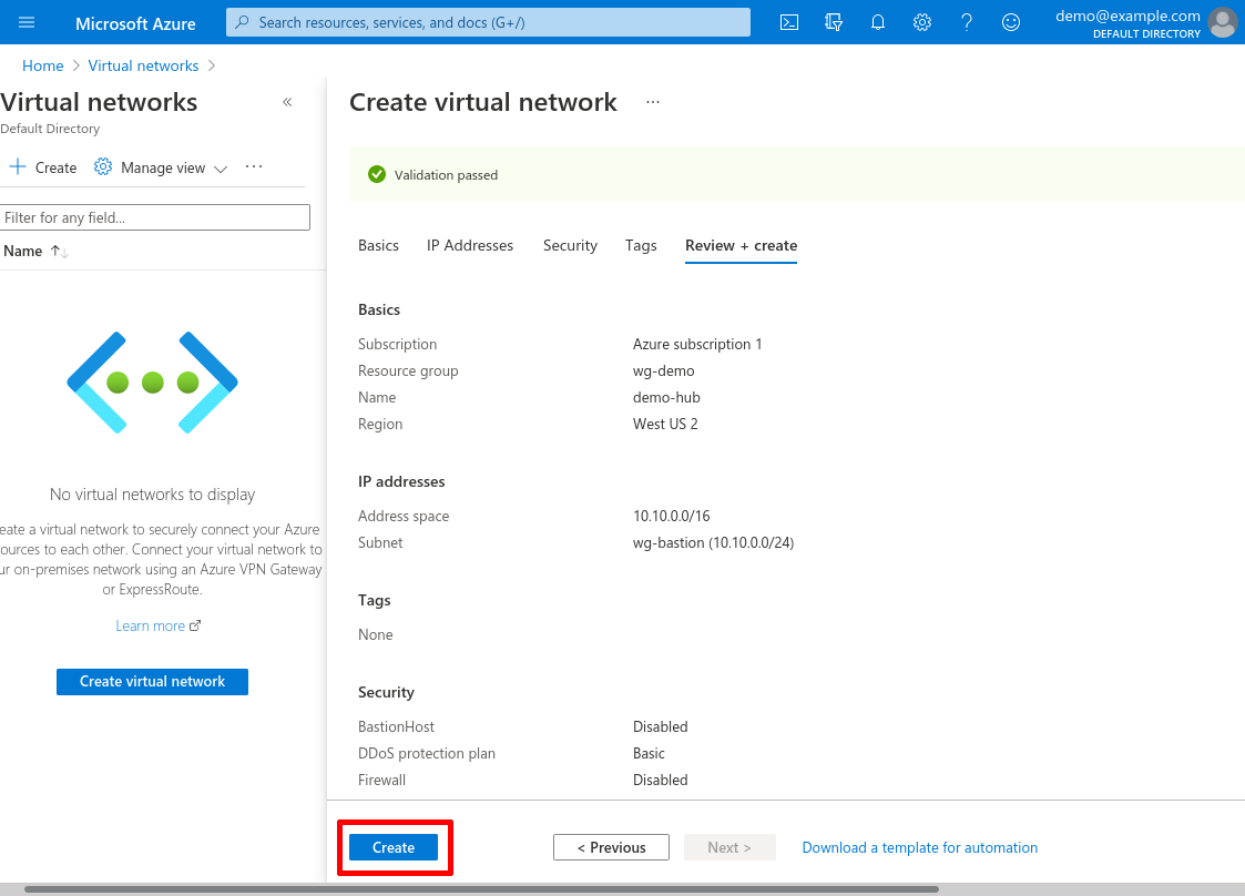 Create virtual network: Review