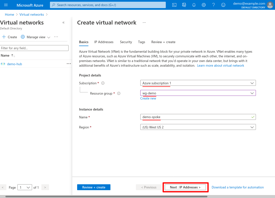 Create virtual network: Basics