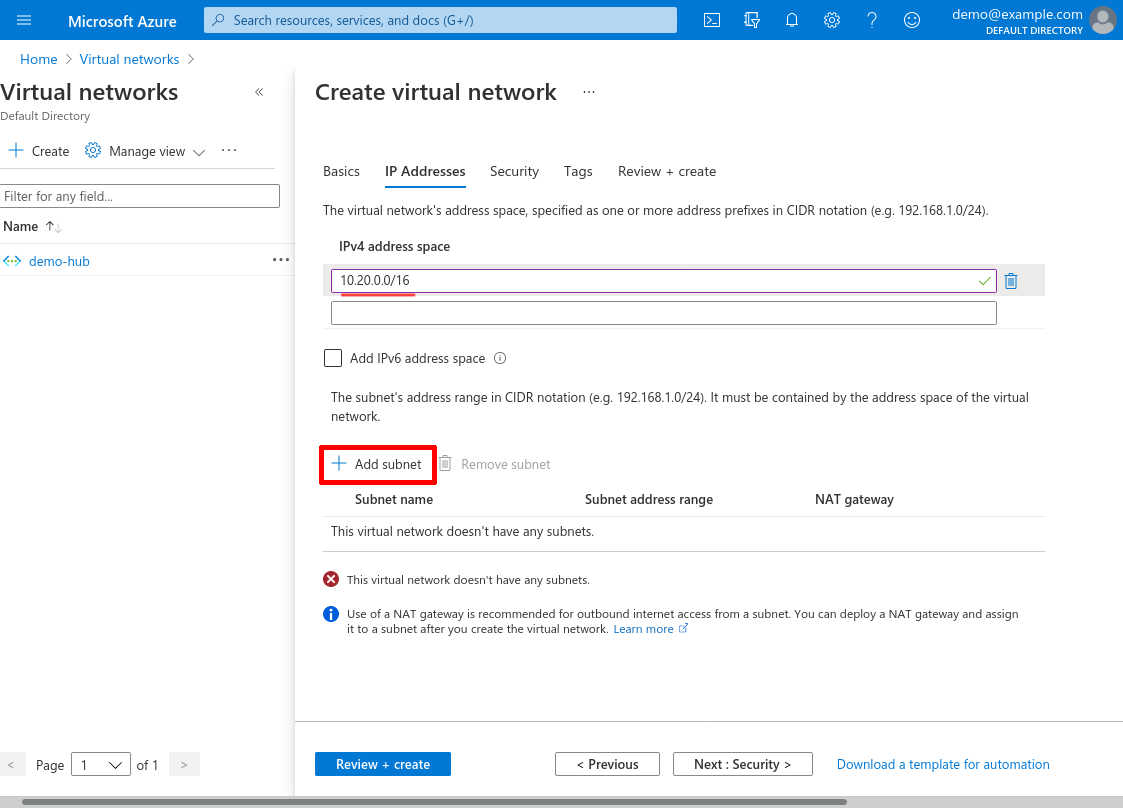 Create virtual network: IP Addresses