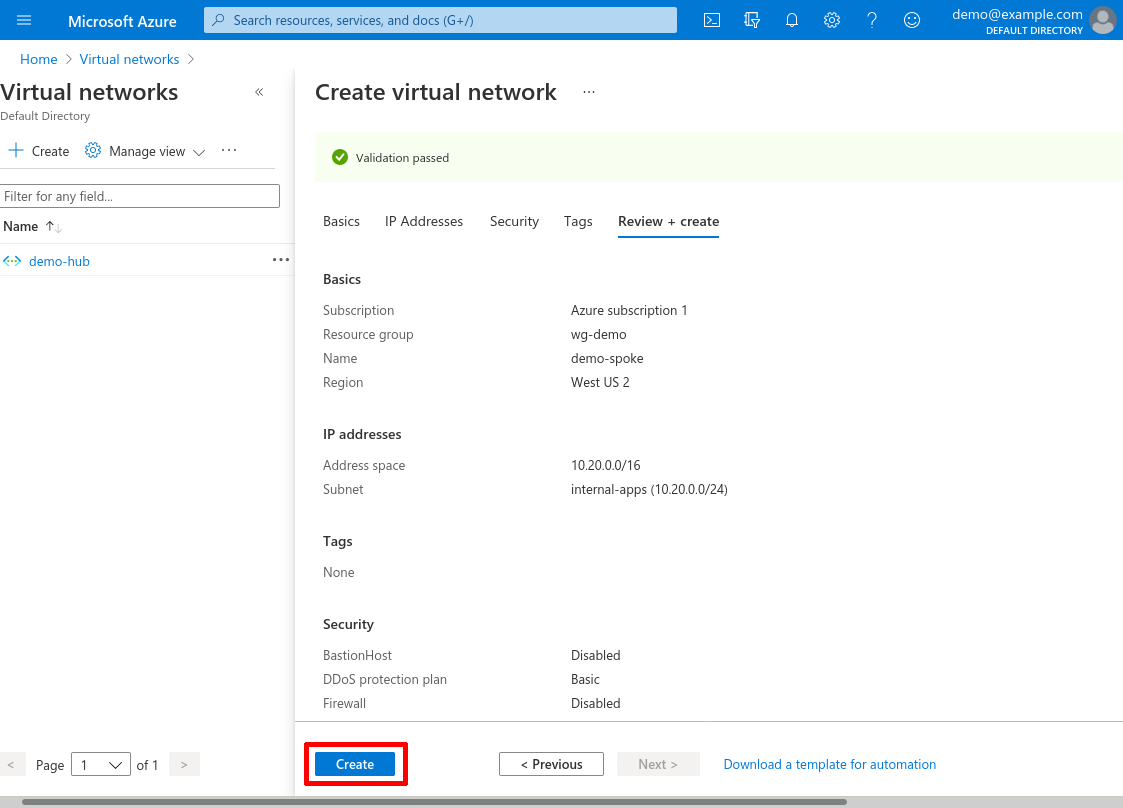 Create virtual network: Review