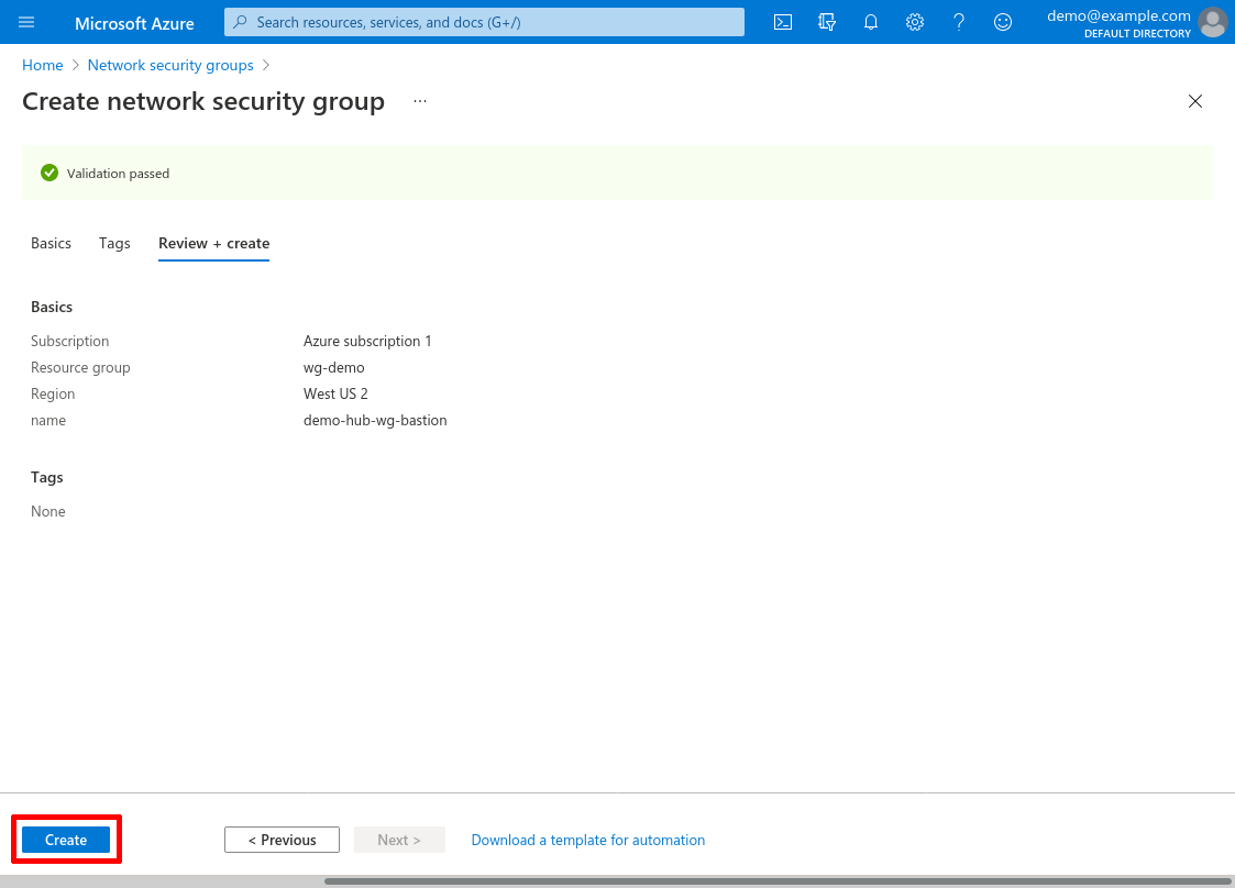 Create a network security group: Review