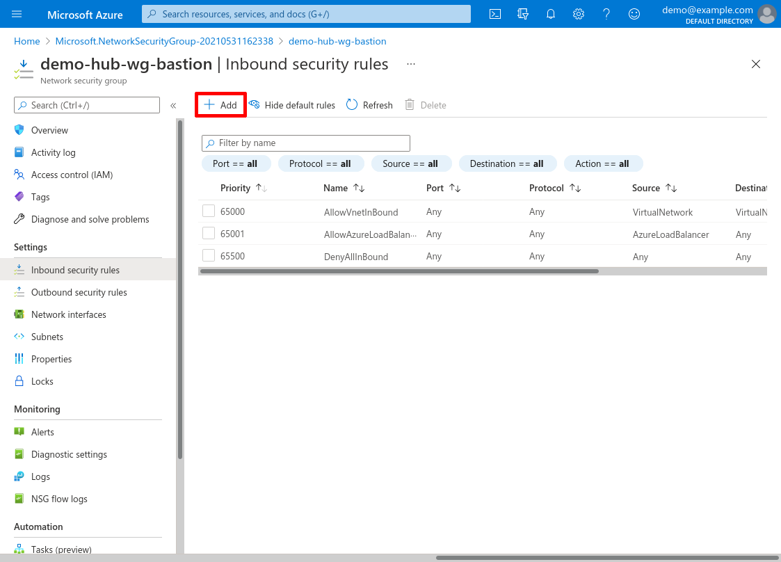 Network security group: Inbound security rules