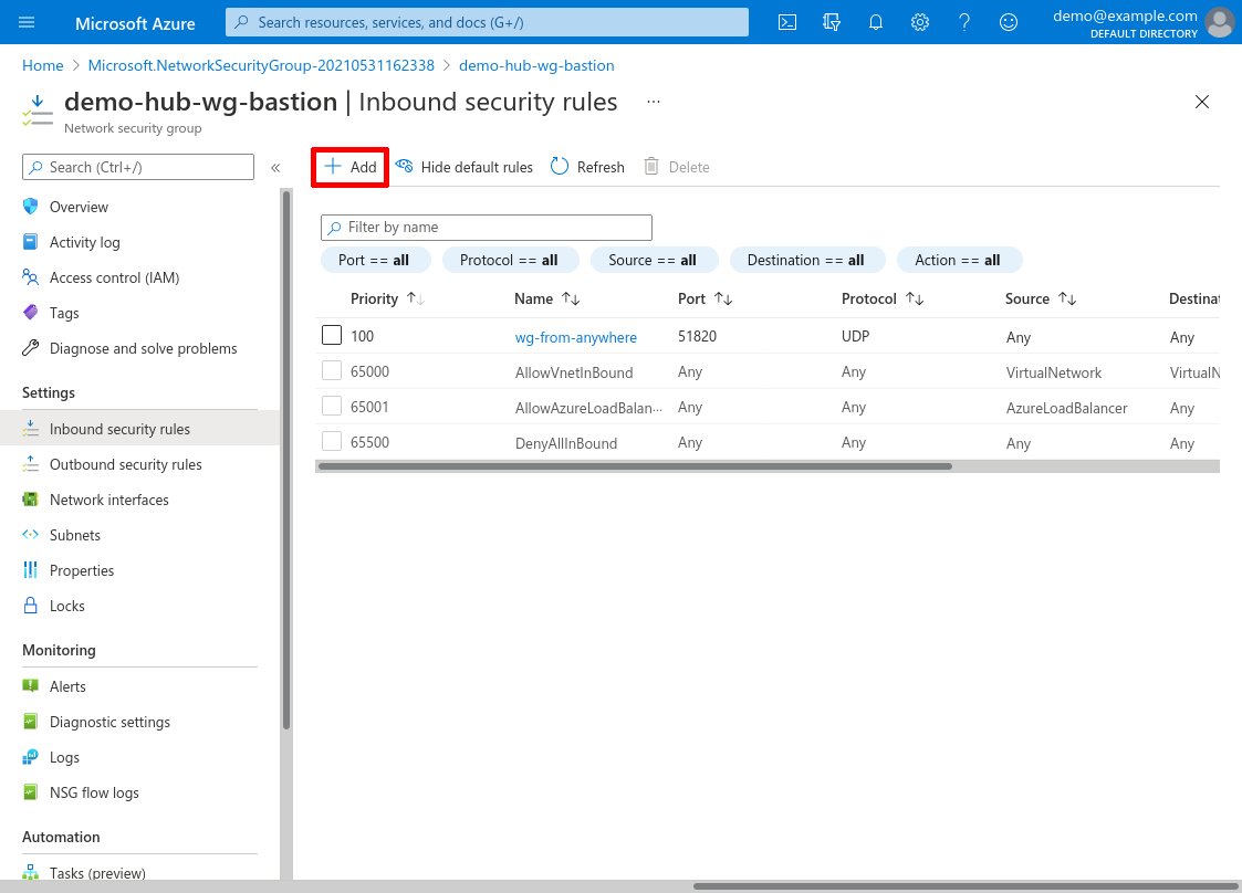 Network security group: Inbound security rules