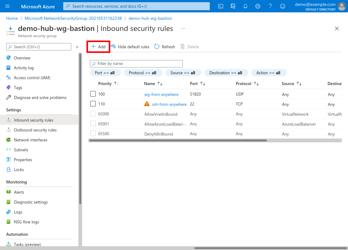 Network security group: Inbound security rules