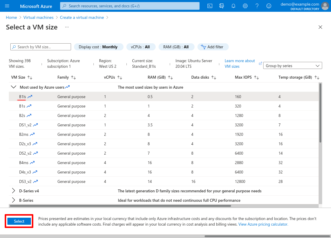 Select a VM size