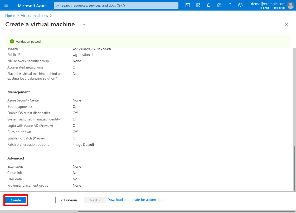 Create a virtual machine: Review + create