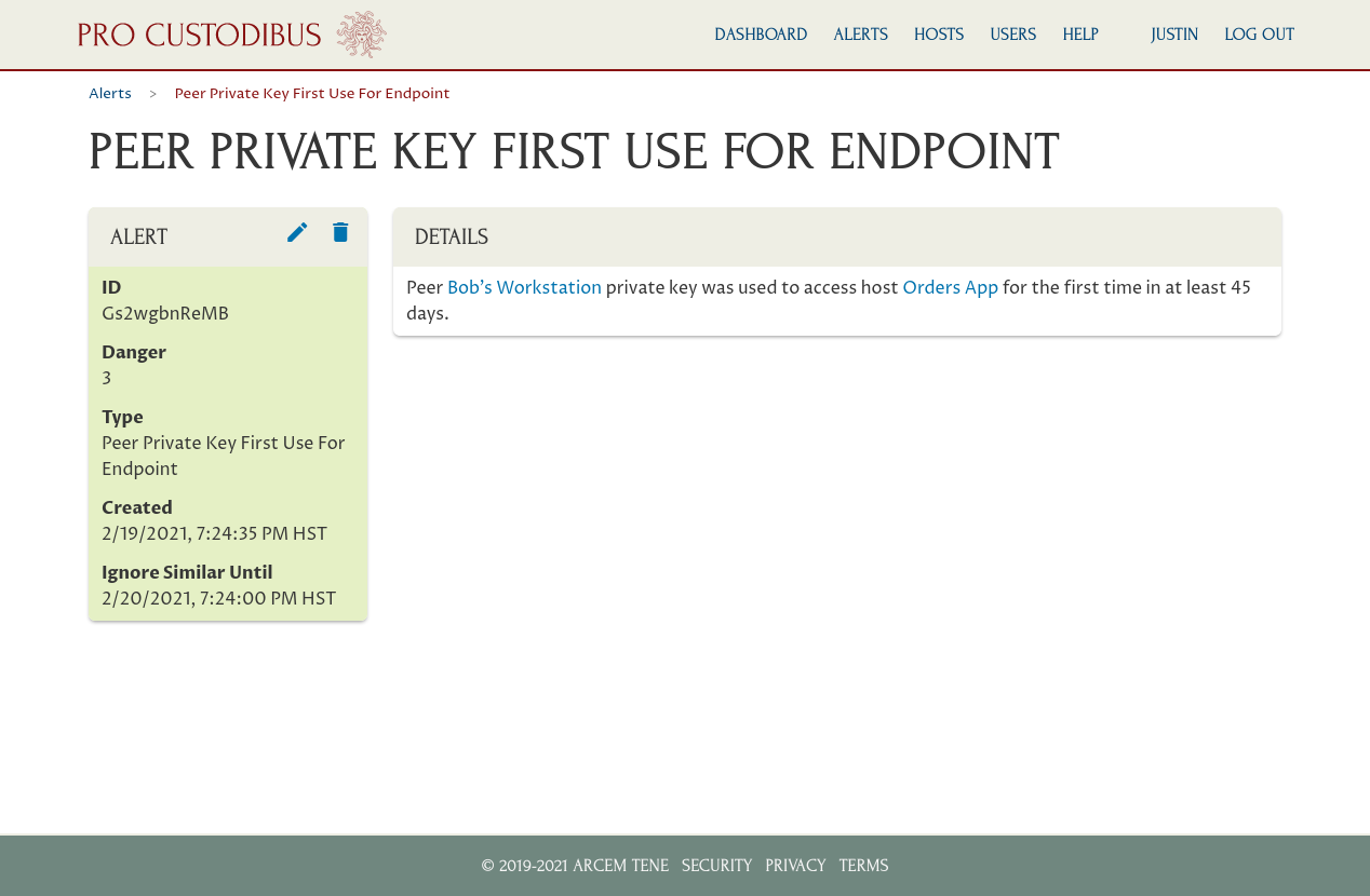 Pro Custodibus Alert for First Use of Key for Connection