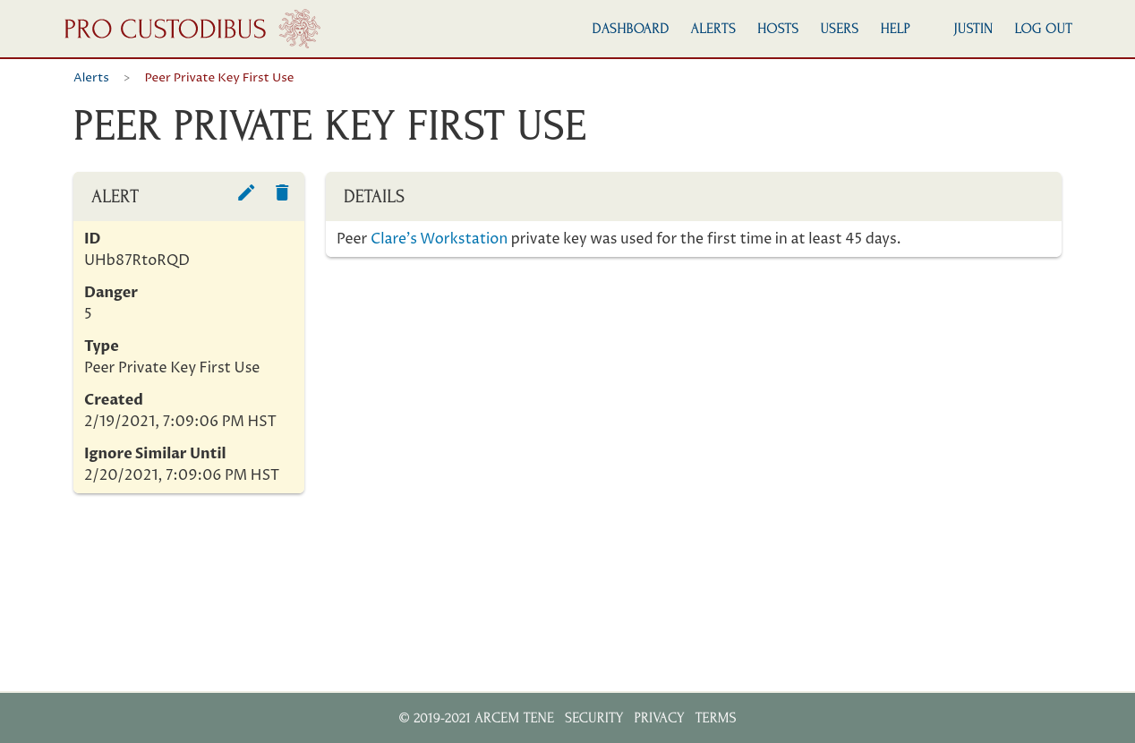 Pro Custodibus Alert for First Use of Private Key