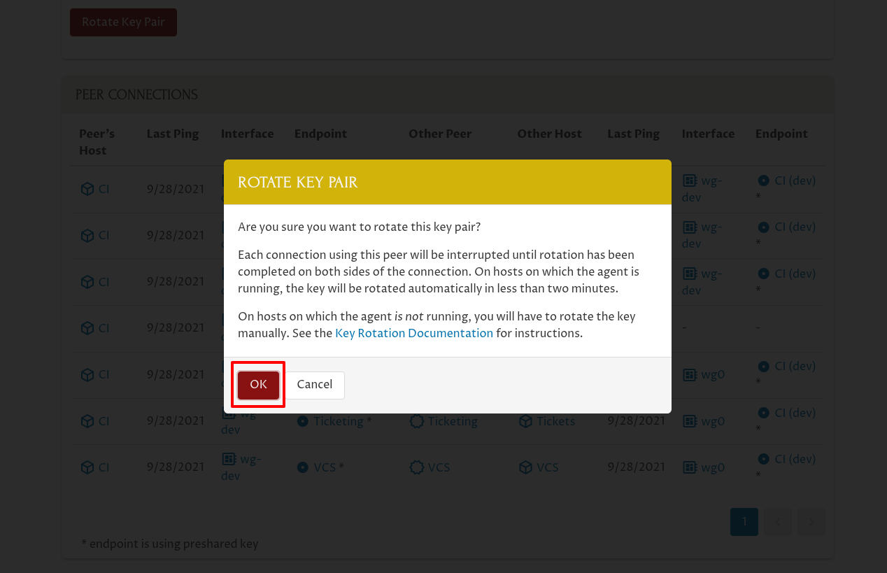 Manage Key-Pair Page (Rotate Key Pair confirmation dialog)