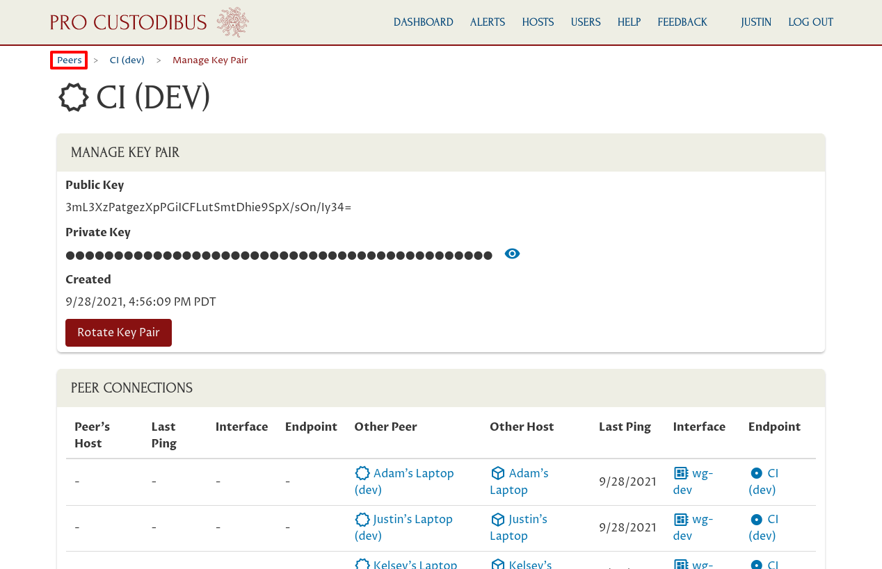 Manage Key-Pair Page (peers link highlighted)