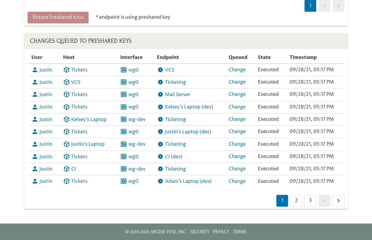 Manage Preshared-Keys Page (changes executed)